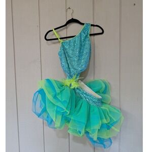 Tenth House Revolution Aqua Neon Yellow Sequin Tutu Dance Costume Adult Medium